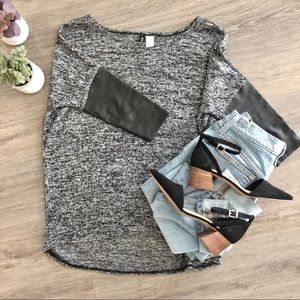 H&M Marble Knit Faux Leather 3/4 Sleeve Top